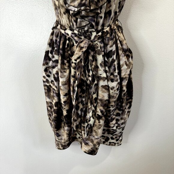 H&M Dress Size 12 Fit & Flare Satin Leopard Ruffle Brown Black Belted Stretch - Picture 3 of 9